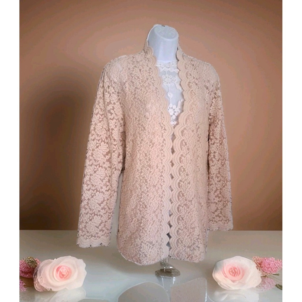 Susan Graver Lace Cardigan L Beige‎ Open Front Scalloped Edge Stretch Sweater